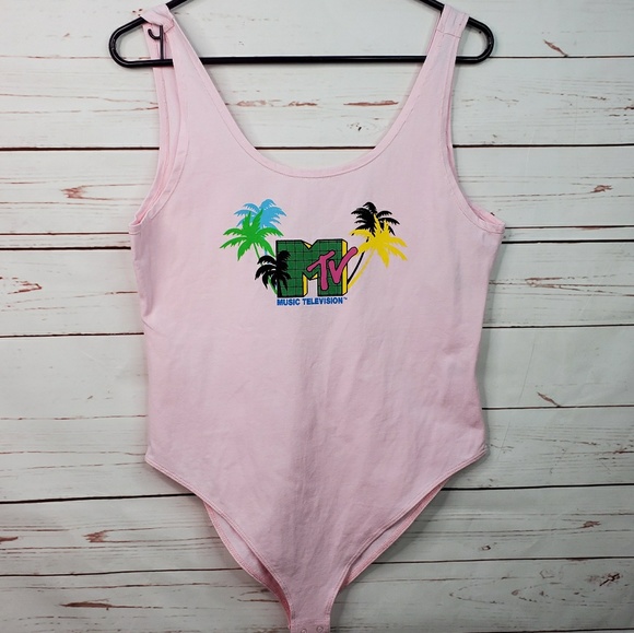 MTV Sleeveless Pink Graphic Palm Tree Body Suit - Picture 3 of 7